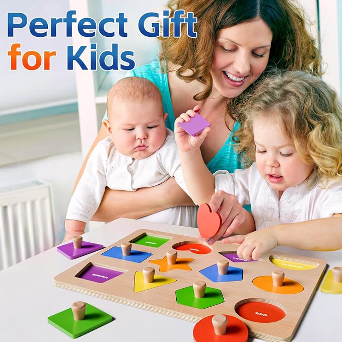 Wooden Shape Peg Puzzles for Toddlers 1 2 3 Year Old Boys Girls Gifts: Shape Sorter & Color Match Baby Puzzles 12-18-24 Months - Montessori Toys for 1 2 3 Year Old Toddler Learning Activities