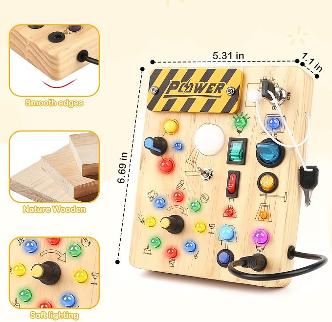 LED Busy Board for Toddlers 1-3,Montessori Sensory Toy with Key Switch and Plug, Light Up Wood Activity Switch Board for Fine Motor Skills, Educational Travel Toy Gift for 1 2 3 Year Old Boys Girls