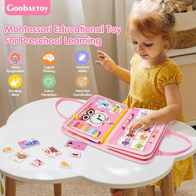 3 Year Old Girl Birthday Gift, Montessori Busy Board Book, Toddler Toys for 3-6 Year Old Girls Gift, Educational Sensory Learning Activity Toys for Airplane Car Indoor Outdoor