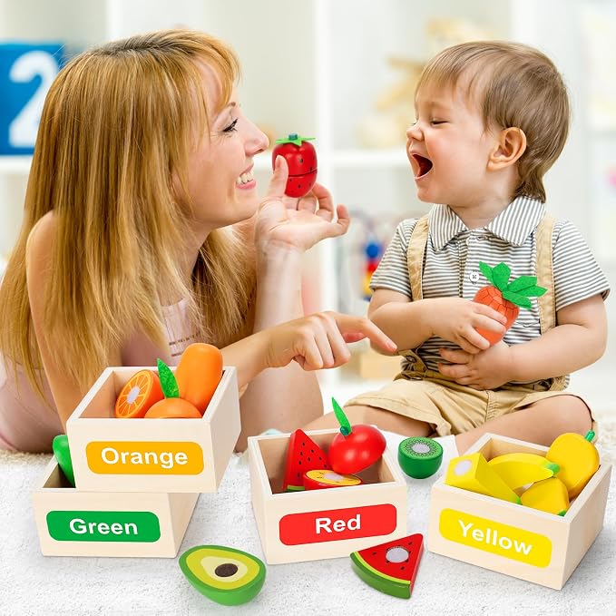 TooyBing Wooden Play Food Toy Set for Kids Kitchen - 30 Pcs Montessori Cutting & Color Sorting Fake Fruit Accessories with 4 Boxes, Play Toys for Toddlers 3, Birthday Gifts for Boys Girls