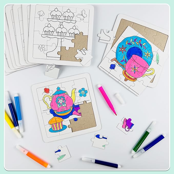 Cinrobiye 24 Pcs Tea Party Coloring Jigsaw Craft Kit for Kids, DIY Floral Teapot Activity Set Bulk with 12 Designs, Afternoon Tea Birthday Favors, Classroom Art Projects