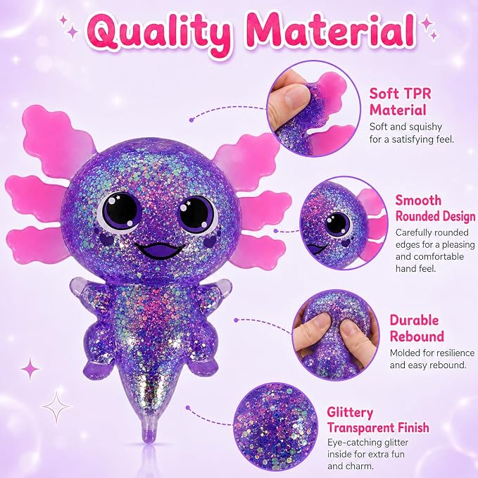 Axolotl Squishy Stress Ball, Soft TPR Slow Rising Squeeze Toy, Cute Axolotl Fidget Toy for Stress Relief, Anxiety Calming Sensory Toy for Kids Adults(Purple BigEars Axolotl)