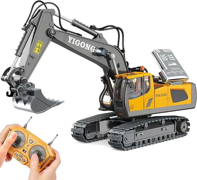 Remote Control Excavator 11 Channel RC Excavator Truck Toys 1/20 Scale 2.4Ghz Construction Vehicles with Metal Shovel 680° Rotation for Kids Boys Age 4-7 8 9 10 Year Old (Yellow)