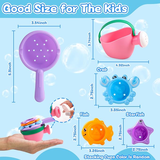 Fajiabao Toddler Bath Toys for Kids Ages 1-3 Stack, Scoop & Pour Set 5 PCS | Drain Quickly Nest for Easy Storage with 3 Animal Stacking Cups, Watering Can & Scoop for Floating Bathub Water Table Play