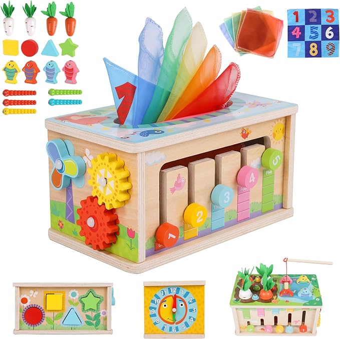 Ancaixin 6-in-1 Montessori Tissue Box Toy for 6+ Months Baby, Activity Cube | Wooden Puzzles 12-18 Months, Perfect 1 Year Old Girl Boy Gifts, Sensory Toys for Toddlers 1-3, Baby 1st Birthday Gift