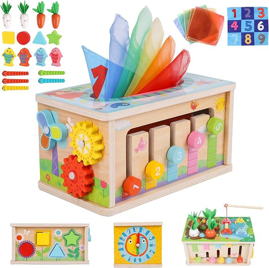 Ancaixin 6-in-1 Montessori Tissue Box Toy for 6+ Months Baby, Activity Cube | Wooden Puzzles 12-18 Months, Perfect 1 Year Old Girl Boy Gifts, Sensory Toys for Toddlers 1-3, Baby 1st Birthday Gift