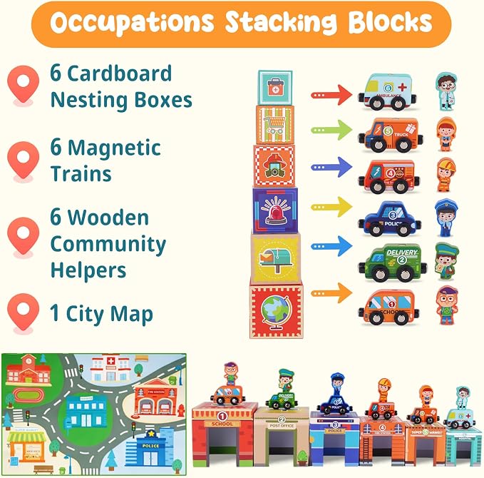 Montessori Sorting and Stacking Community Helpers Toys for Toddlers 1-3 | Number Blocks Nesting Boxes, Magnetic Wooden Car Preschool Toy, 1st First Birthday Gifts for 1-2 Years Boys Girls