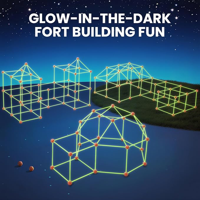 Tiny Land Glow Fort Building Kit for Kids Ages 4-12, STEM Building Toy | 86 Glow-in-the-Dark Rods & 44 Balls, Builds Forts, Tunnels & Castles, Indoor/Outdoor Play, Storage Bag, STEM Gift for Kids