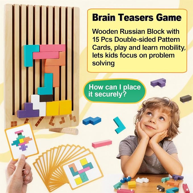 Montessori Brain Blocks Kids Wooden Stacking Toys 3D Tetris Puzzles | 42 PCS Colored 3D Russian Block Puzzle with Cards & Bag, Educational Montessori Toys Jigsaw Stack Game Board for 3-8 Year Old