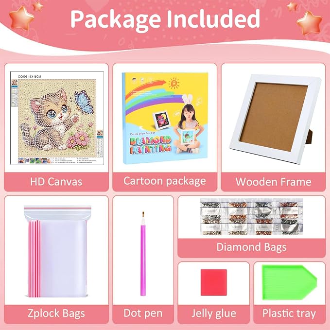 Gemozaic Cat Diamond Art Kits for Kids Ages 4-8-12 with Frame, 7 x 7 in | Cute Animal Diamond Art for Kids 4 6 8 10 12 Year Old, Easy Kid Big Gem Painting, DIY Arts and Crafts for Girl Birthday Gift