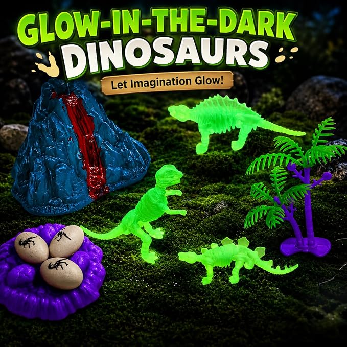 Carolart Dinosaur Sensory Bin, Sand Kit with Glow Dinosaurs & Sand | Dinosaur sandbox with sensory sand, volcano, Dinosaur Gift for boys girls 3-8