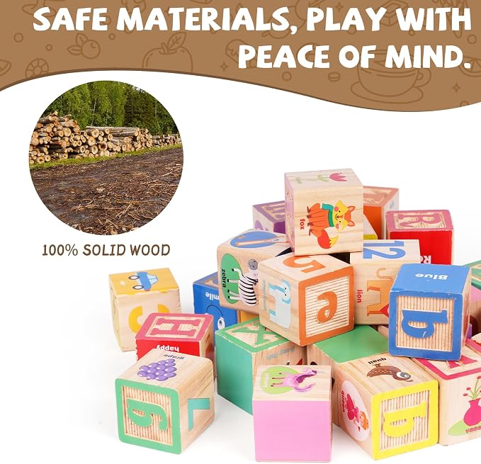 Wooden ABC Building Blocks for Toddlers,30 PCS Montessori Alphabet & Number Learning Toy with Matching Cards, Preschool Educational Toy for Stacking, Counting, Sensory Play, Gifts for Kids Boys Girls