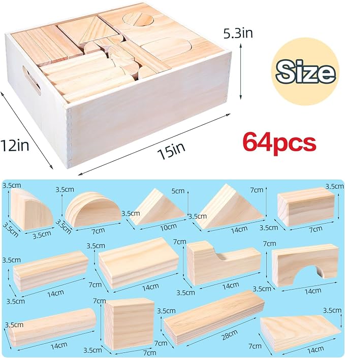 Large Wood Building Blocks with Wooden Storage Tray, 64-Piece Hardwood Sorting & Stacking Toys for Building & Balancing, Educational Preschool Learning Toys for 3+ Year Old Boy and Girl Gifts