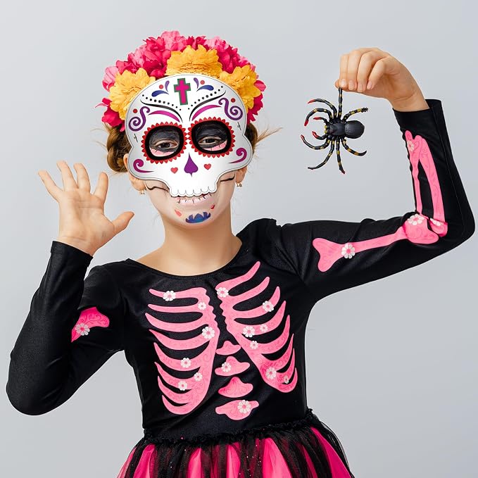 24 Pcs Day of The Dead Crafts for Kids DIY Coloring Halloween Masks | Color Your Own Skull Masks Dia de Los Muertos Party Games for Boys Girls School Classroom Craft Toys Cosplay Dress Up