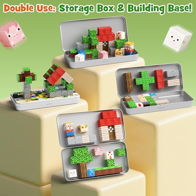 Mini Magnetic Travel Building Blocks: 35 PCS Farm Animals STEM Toys | Metal Storage Box as Play Base - Portable Magnets Cubes Road Trip & Airplane Activities Essentials for Kids Toddlers Ages 3-8