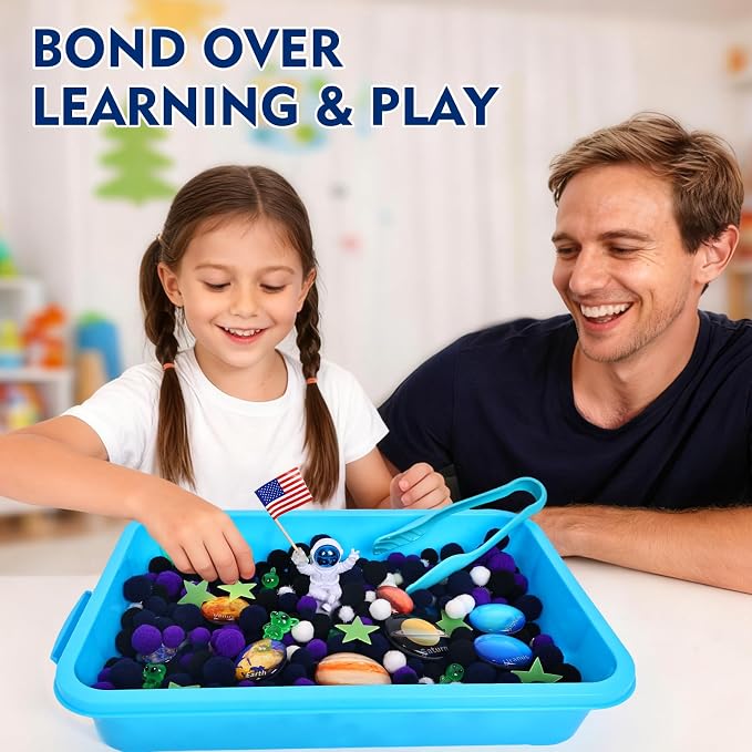 Space Sensory Bin for Toddlers, No-Mess Pom Poms Activity Kit | Galaxy Adventure Play Kit with Astronauts, Aliens, Planets & Star Map, Fine Motor Activity Gift for Preschool Kids Ages 3-6