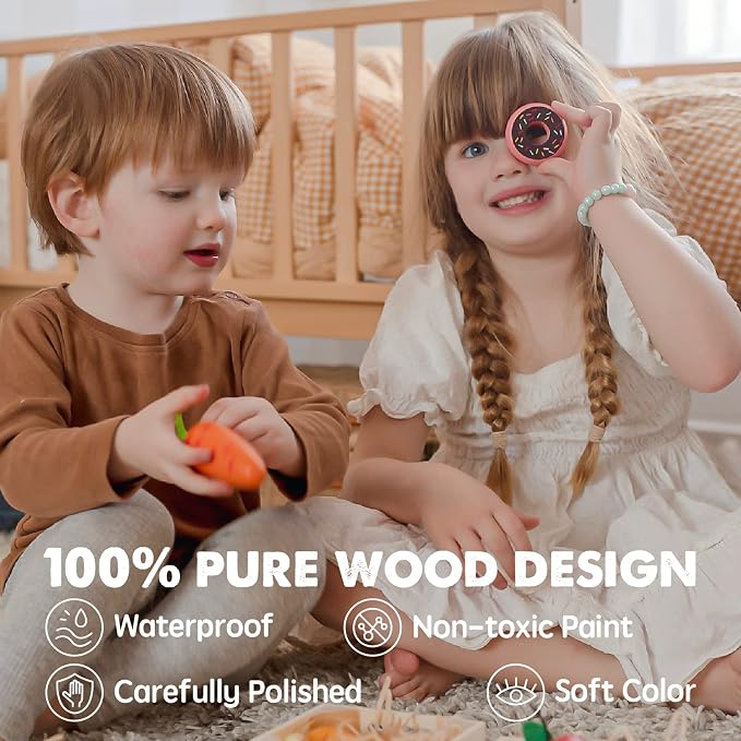 Tiny Land 43 Pieces Wooden Play Food Sets for Kids Kitchen | 100% Wood Kids Toy Food for Toddlers 3+ Year Old, Pretend Food Play Kitchen Accessories Set for Boys and Girls