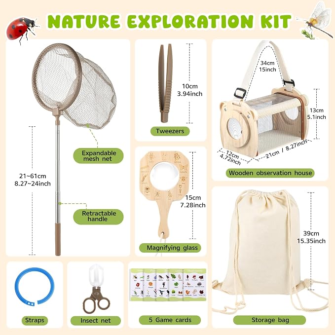 GAGAKU Wooden Bug Catcher Kit for Kids 4-8, 9PCS Outdoor Nature Exploration Set with Expandable Butterfly Net, Magnifying Glass, STEM Learning Game Cards, Educational Catching Toy for Backyard Camping