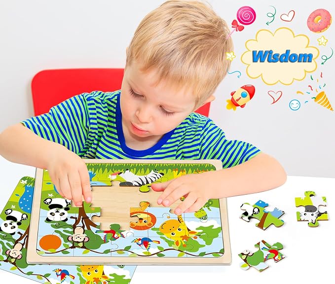 Wooden Jigsaw Puzzles for Kids Ages 4-6, 4-Pack 24-Piece Animal Puzzles Toy | Wood Puzzles Set, Toddler Brain Teaser Toys, Gifts for Boys Girls Ages 3 4 5 6