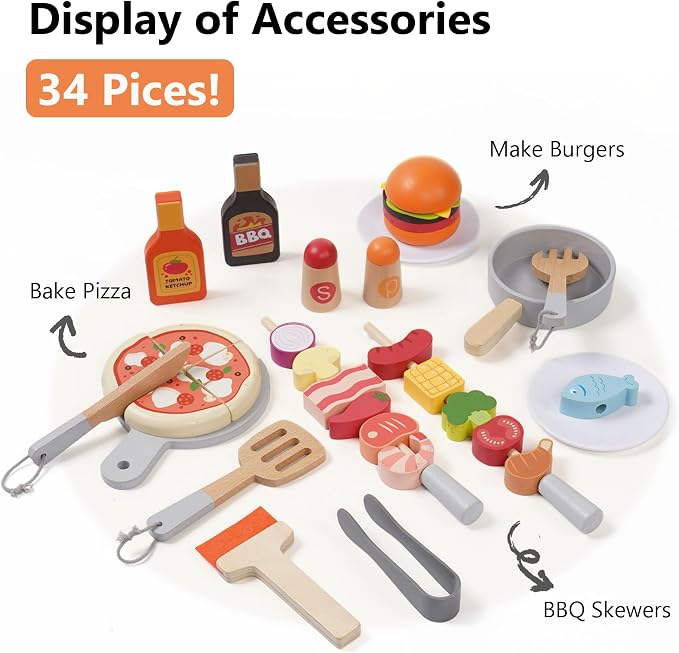 Wooden Grill Playset for Kids with Grilling Tools and Play Food | Realistic Pretend Barbecue Cooking Toy, BBQ Role-Play Set for Imaginative Play, Creative Gift for Boys and Girls Ages 3+