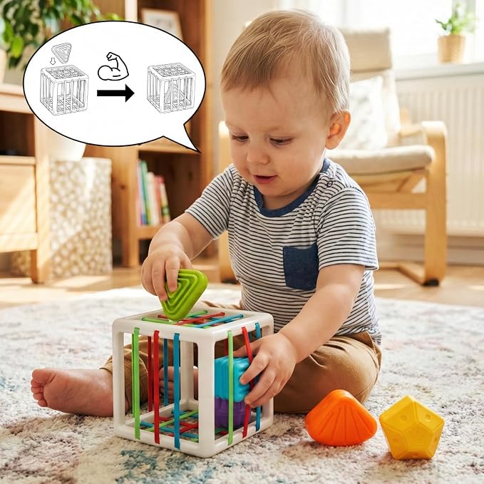 Montessori Sensory Cube Toy for Toddlers | 6 Shape Blocks for Learning, Developmental Birthday Gifts for 1-3 Years Old Baby