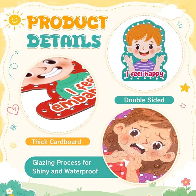 Funrous 10 Pieces Kids Recognition Lacing Cards,Emotion | Thick Cardboard Educational Sewing Cards, Double Sided Lacing Playing Games, For Preschool Developing Imagination Supplies