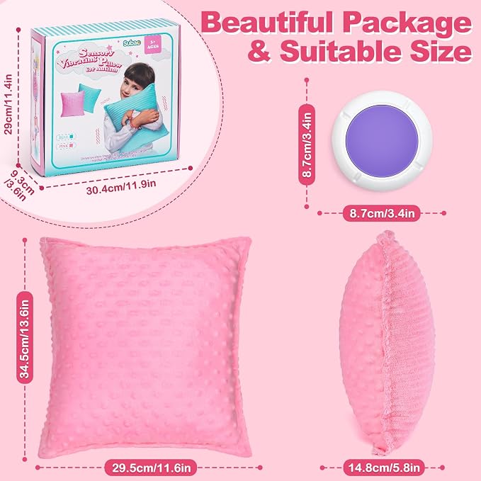Subao 12" Vibrating Sensory Toddler Pillow with Two Textures, Sensory Toys for Kids with Autism, Birthday Xmas Gifts for Ages 4-10, Pink