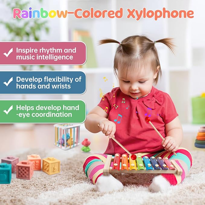 Montessori Toys for Baby Toddlers, 6-in-1 Wooden Shape Sorting Stacking Set | Building Blocks Sensory Teether Xylophone Activity Toys Gift for Kids, Encourage Fine Motor Skills, Hand-Eye Coordination
