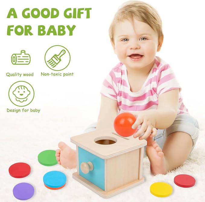 Adena Montessori Blue Wooden Coin Box 2 in 1 Object Permanence Toy 6+ Mo | Includes 6 colorful wood discs and a ball, works as color shape sorter and baby toy storage, smooth burr-free linden wood