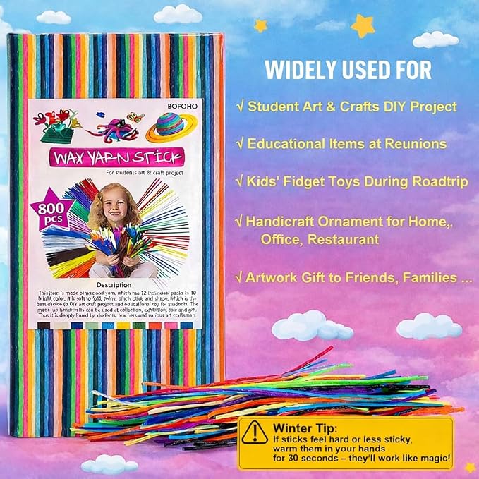 800PCS Wiky Sticks for Kids – Travel Toys for Road Trips | Mess-Free Sensory Wax Yarn Sticks for Toddlers, Car & Airplane, Fun Activities, Summer & Camping Non-Toxic Crafts, Ages 3+