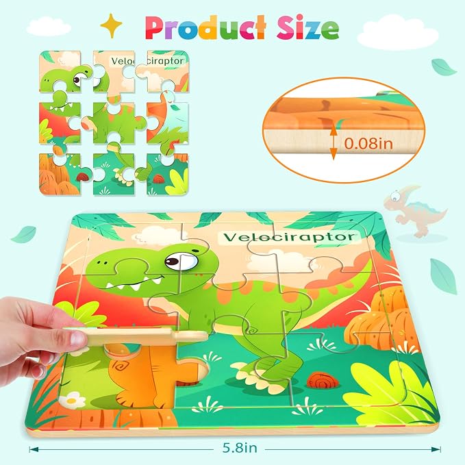Zeoddler Wooden Puzzles for Toddlers, 8 Pack Dinosaur Jigsaw Puzzles for Kids3-5, 9 Pieces Preschool Learning Activities, Learning & Educational Puzzles, Gift for Boys, Girls