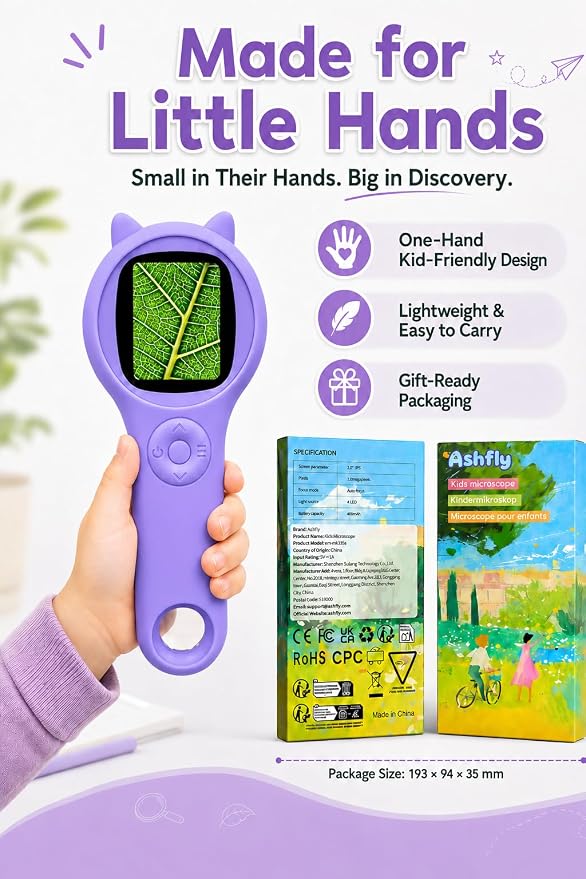 Ashfly Kids Microscope, 500X Digital Magnifying Glass, STEM Toy, Purple | 2-inch IPS Screen, 8 Adjustable LEDs, Macro Autofocus, Built-in Photo Storage, USB-C Charging and Windows PC Viewing