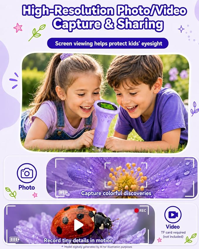 1000X Kids Microscope Handheld Camera, 2'' Screen Wonder Quest Microscope Camera for Kids, Educational Magnifying Glass Toy, Christmas Birthday Gifts for Age 3 4 5 6 7 8 9 10 11 12 Girls Boys - Purple