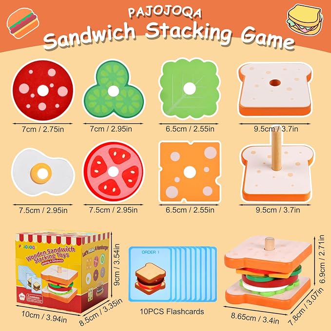 Pajojoqa Wooden Sandwich Stacking Toys, Montessori Toys for Toddlers Kitchen Play Food Educational Preschool Learning Toys Christmas Birthday Gift Kids Toys for Boys Girls 3 4 5 Years Old (Sandwich)