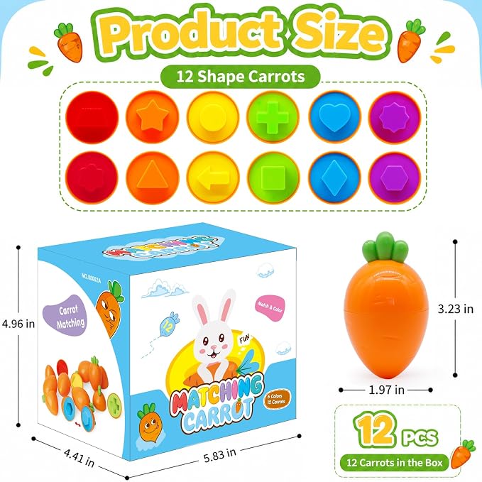 WEEJOYGAM 12PCS Carrot Matching Egg Toys for Toddlers, Montessori Toys for Baby Girl Boy Birthday Gift, Shape Sorter Color Sorting Sensory Learning Fine Motor Geometric Puzzles Game