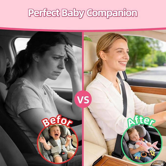 Pull Musical Toys for Car Seat 6-12 Months, Travel Sensory Toy 3-6 Months, Montessori Plush Toys for Roadtrip with Teether Crinkle Textures Clackers Squeaky Pulling Cords Newborn Infant Valentine Gift
