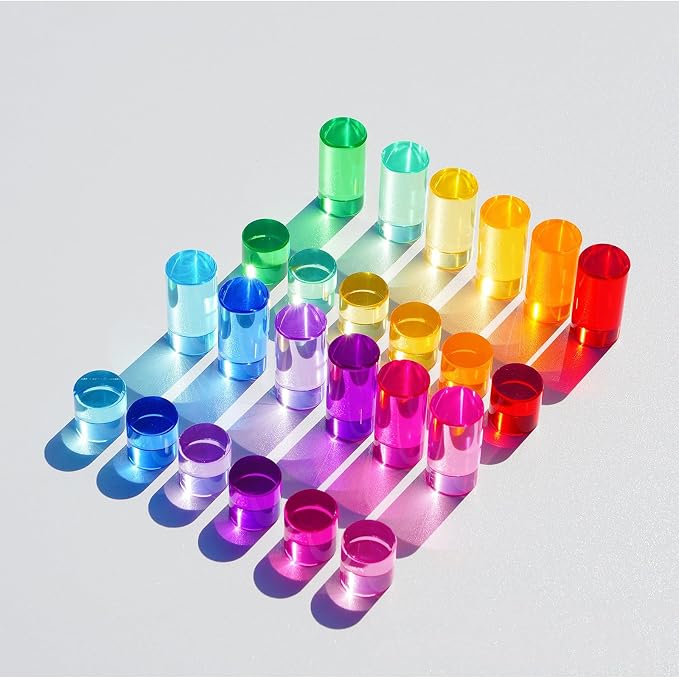 Rainbow Acrylic Blocks, 16 Stackable Cylinders for Kids Ages 3+ | 16 acrylic color blocks, 2 x 1 in, stackable, ages 3+, white paper box for gift wrap, preschool and light table use