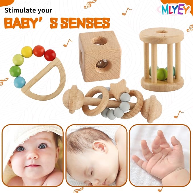 Wooden Baby Rattle, 8PCS Wooden Baby Toys for 7-24 Months Babies, Wooden Montessori Grasp Toy, Natural Beech Wood Baby Grip Toy, Wooden Rattles Toy for Infant Grasping (Colorful)