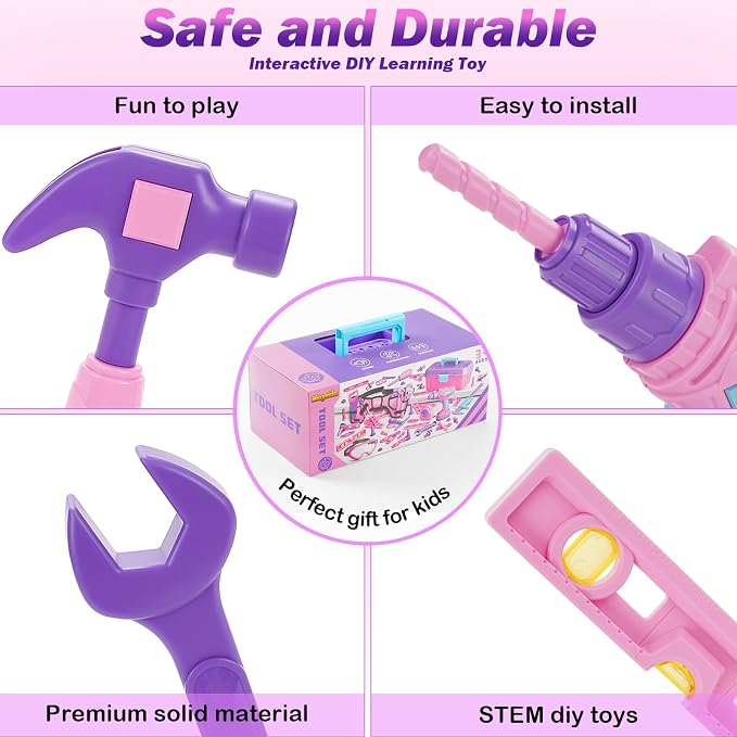 Kids Tool Set, 67 PCS Pink Kids Tool Box for Girls, Electronic Toy Drill&Tape Measure, Pretend Play Girls Toys Construction Tools Kit & Belt, Christmas Birthday Gift Ideas Tool Set Age 3 4 5+