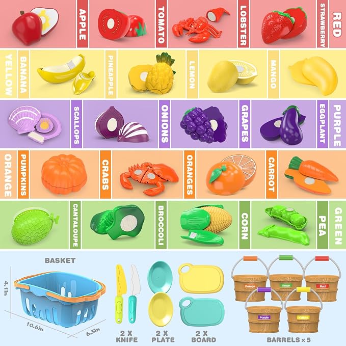 Play Food Toys with with Shopping Storage Basket, Cutting Food Sorting Toy | Pretend Play Kitchen Accessories, Cutting Food Sorting Toy, Fake Fruits/Vegetables Set , Plastic Board and Knife, Birthday