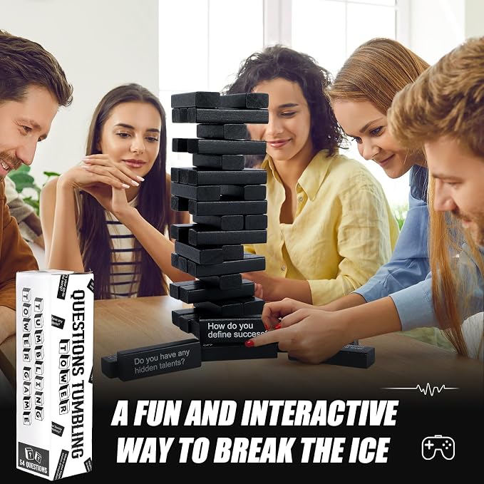 Tumbling Tower Question Game 54 Fun Conversation Starters Questions with Box and Storage Bag Wooden Tumbling Stacking Blocks for Adults Family Night Games Team-Building Get to Know Each Other