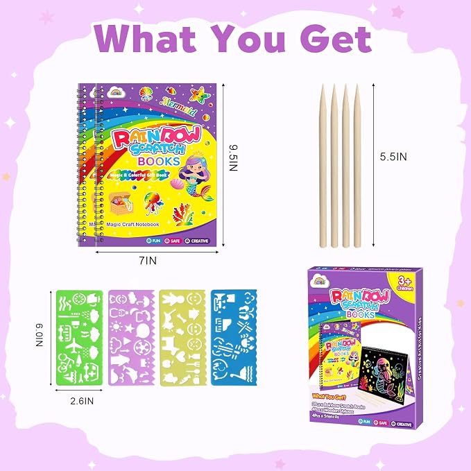 ZMLM Scratch Paper Art-Crafts Gift: 2 Pack Rainbow Notebooks Supplies Toys | Art Crafts for 3 4 5 6 7 8 9 10 11 12 Years Old Girls and Boys Kids Birthday Christmas Party Travel Games Activities Mermaid
