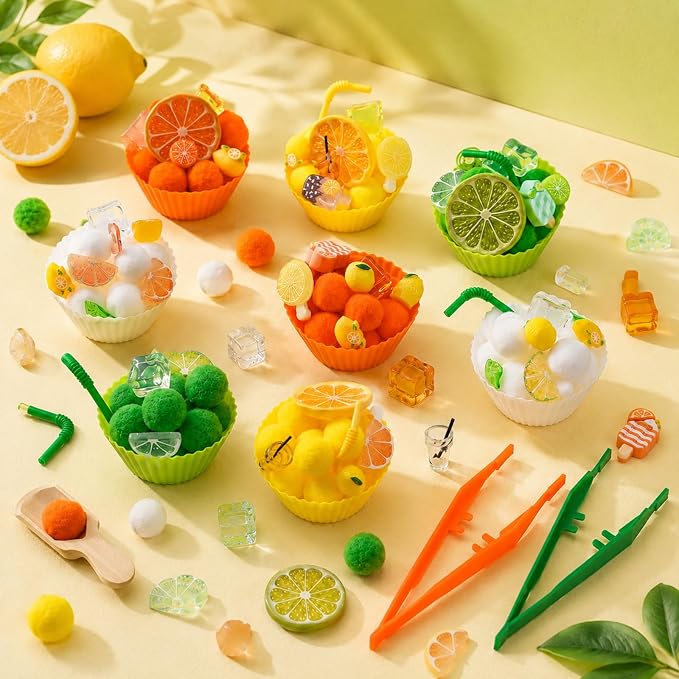 184 Pcs Lemon Sensory Bin Items Summer Lemonade Counting Sorting Lemon Sensory Bin Filler Fine Motor Ice Drinks Counts for Summer Counting Sorting