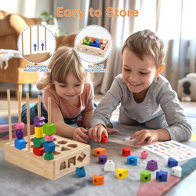 Sewulidon 3 in 1 Wooden Color Sorting Stacking Toys, Montessori Toys Geometric Shape Sorter Matching Lacing Beads Sequencing Toy Set Preschool Learning Fine Motor Skills for Toddlers 3 4 5 Years