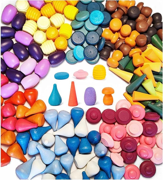 MIKNEKE 162 Wooden Loose Parts Sensory Bin Filler, Mandala Rainbow Stacker Open Ended Toy, 27 Colors Sensory Training Educational Set