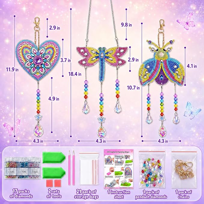 Diamond Art for Kids 8-12, 3 PCS Diamond Art Painting Sun Catcher for Girls | Arts and Crafts for Kids Ages 8-12 with 3 Gem Art Boards&Crystal Pendants, Gifts for Teen Girls, Garden/Home/Classroom Decor