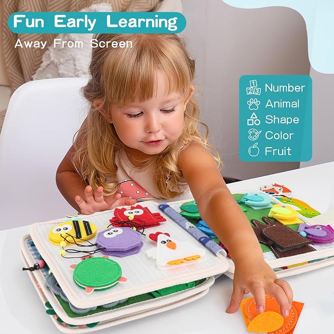 Montessori Busy Board for Toddlers, Soft Activity Book for Fine Motor Skills, Counting, Cognition, Sorting Matching, Travel Toys for Airplane Car, Gift for Girl Boy 2-4 Years Old (Lion)