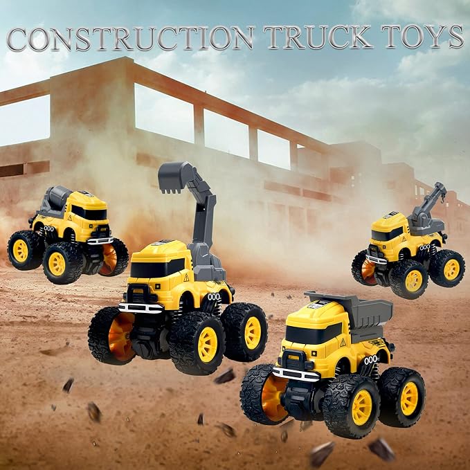 4 Pcs Construction Monster Truck Toys, Monster Trucks Friction Powered Car | Excavator, Mixer, Crane, Dump Trucks Toy, Push & Go 360° Roating Cars for Toddlers Kids Xmas Birthday Gifts for 3+ Boys Girls