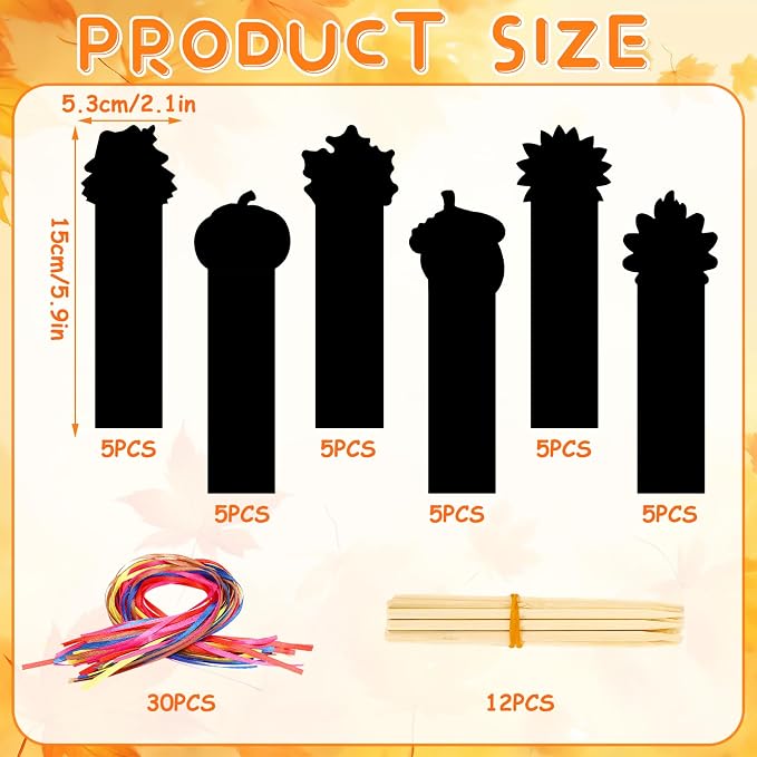 JUNEBRUSHS 30Pcs Fall Scratch Bookmarks, Rainbow Scratch Paper Art | Hello Fall Autumn Leaves, Pumpkin Turkey DIY Crafts Kit, for School Classroom Activity, Thanksgiving Party Favor