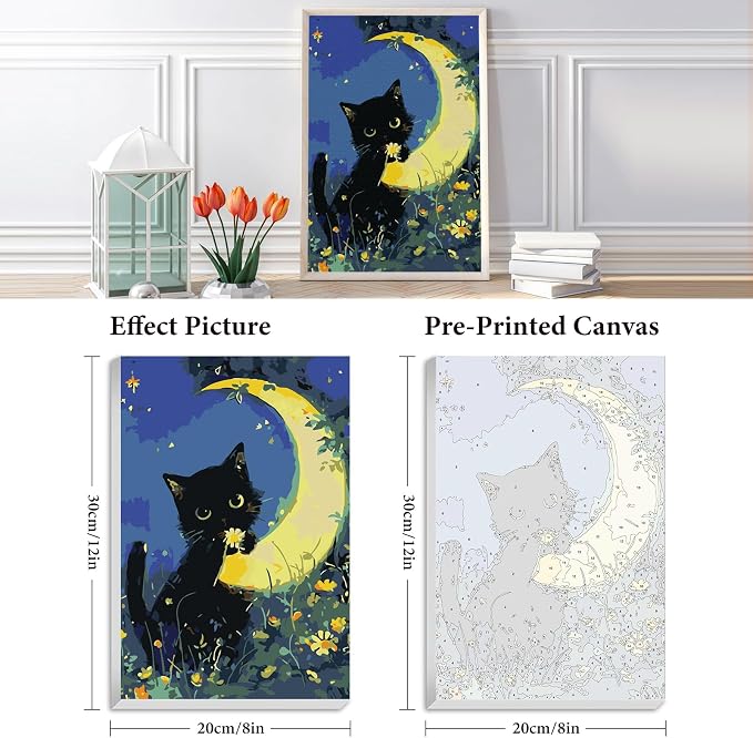 Fountor Black Cat Framed Paint by Numbers Kit for Adults Beginner 8x12 Inch | For Adults & Kids Ages 8-12, DIY Acrylic Painting, Moon Paint by Number with frame, Stress Relief Home Wall Decor Gifts
